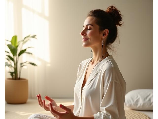 Person meditating at sunrise