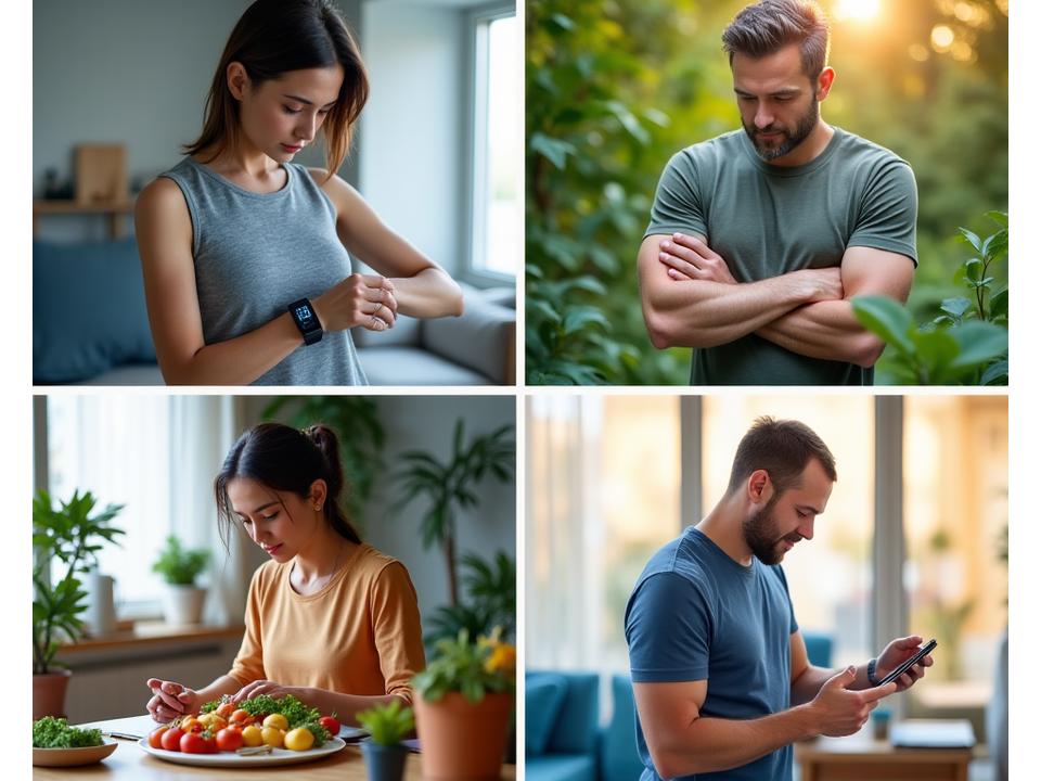 Diverse adults engaging in various wellness activities digitally and physically