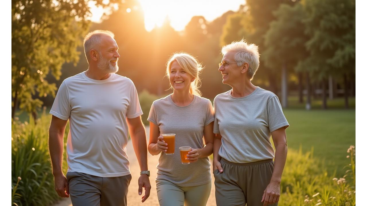 Diverse group of mature adults engaging in healthy activities outdoors, conveying vitality and community. Vibrant and natural light.