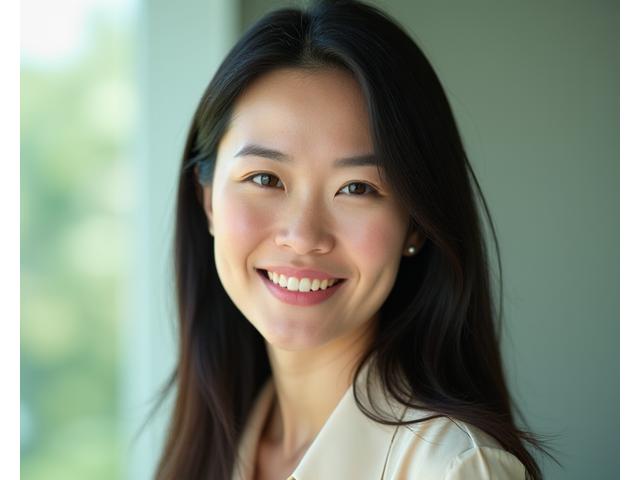 Professional headshot of Sarah Chen, a vibrant woman in her late 30s with long dark hair, smiling gently and wearing modern, smart attire.