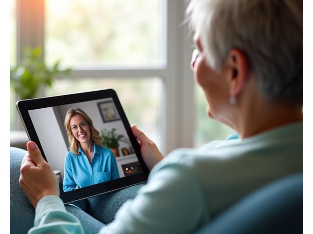 A serene setting with a mature adult talking to a wellness coach on a tablet, symbolizing a free wellness consultation.