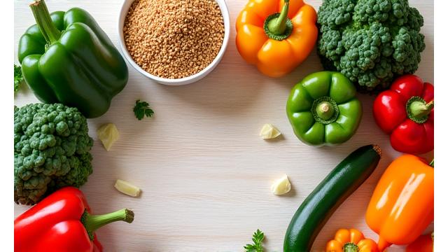 Healthy meal prep ingredients like colorful vegetables, lean protein, and whole grains