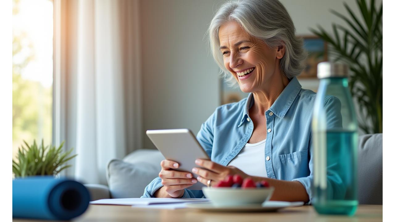 Woman happily using a tablet for a personalized wellness program, surrounded by subtle healthy lifestyle elements like fresh fruit, a yoga mat, and a water bottle, all in a bright, modern setting.